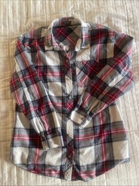 Eddie Bauer Plaid Button-Down Shirt in Red, Green & White